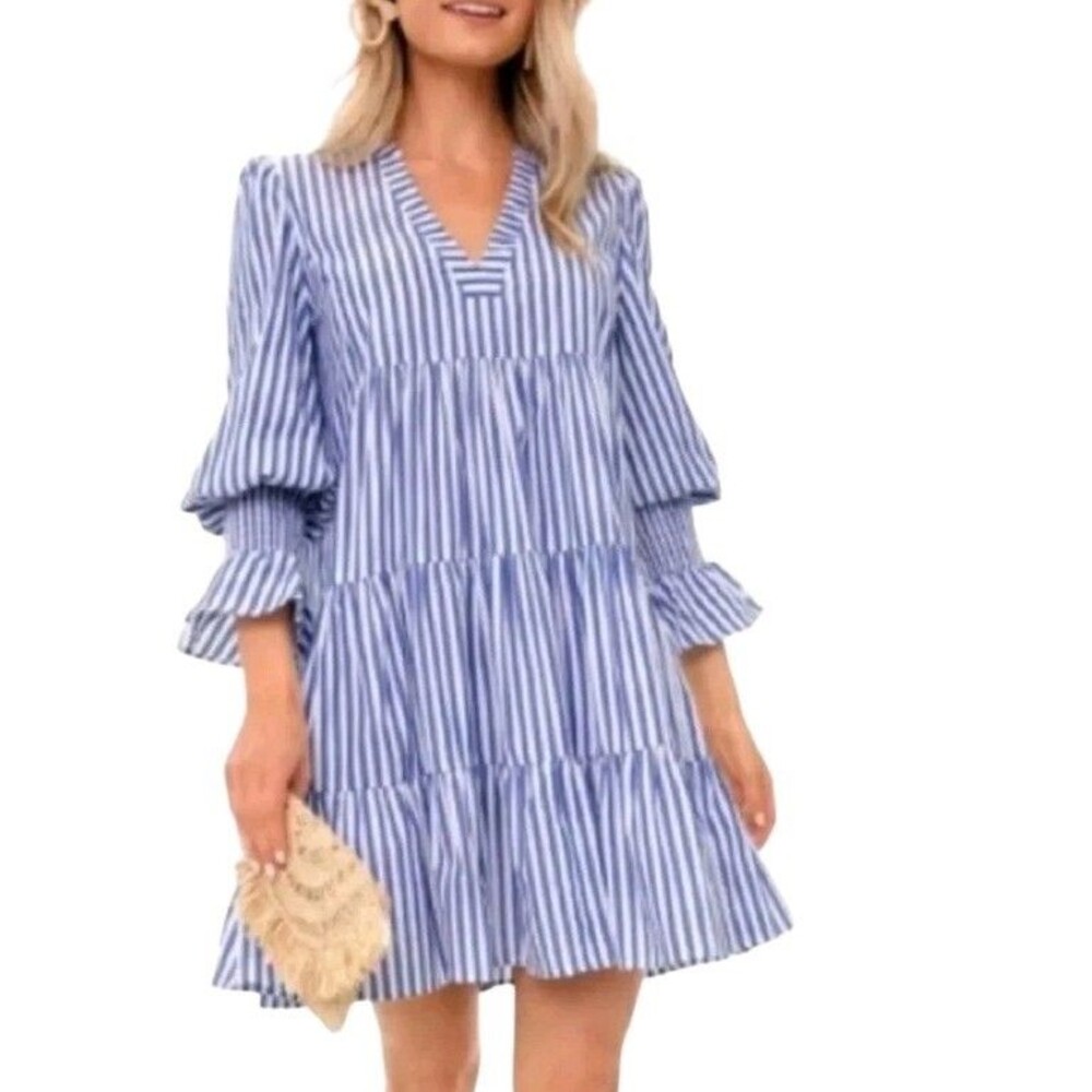Pomander Place Tuckernuck Coastal Popover Mini Dress Womens L Blue White Stiped